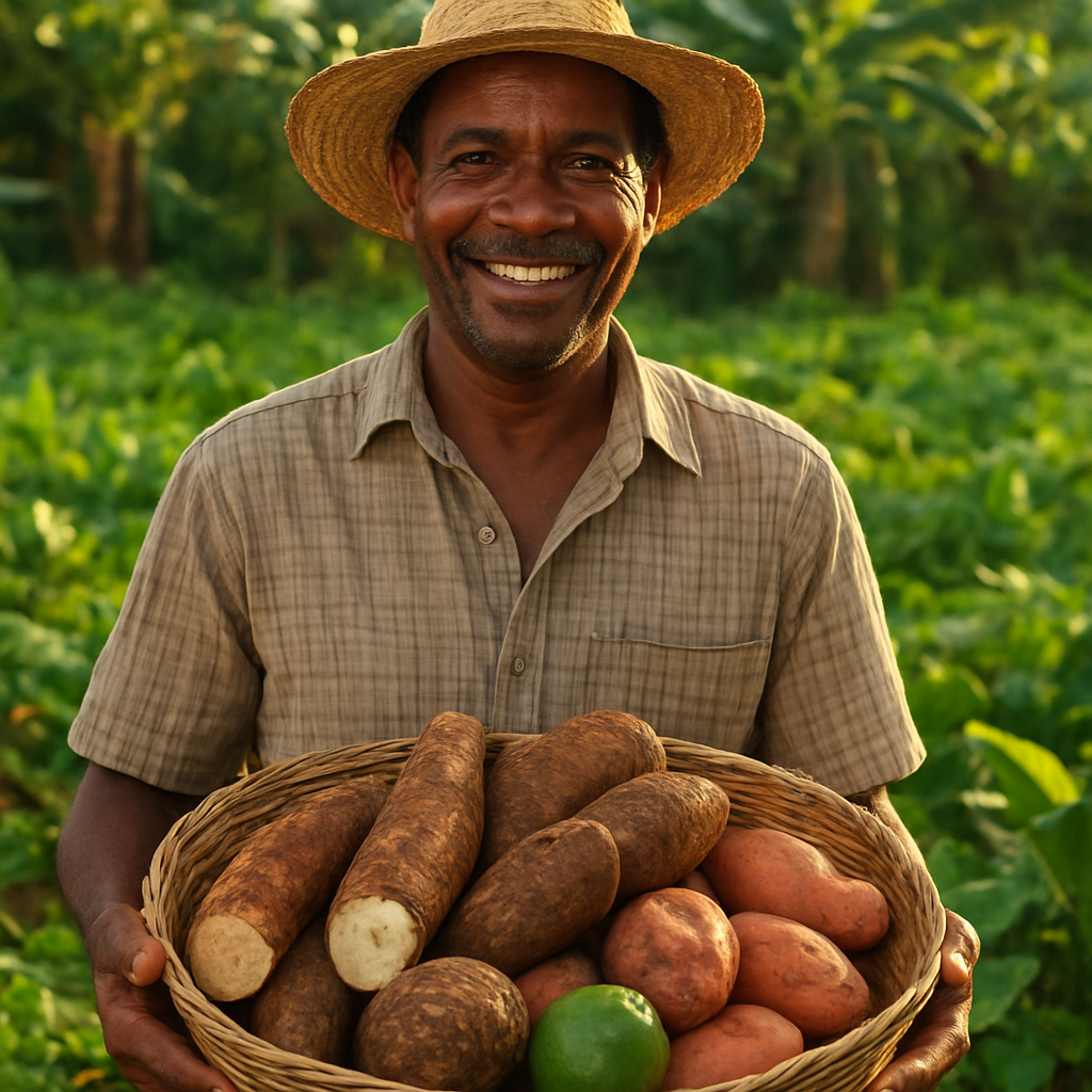 Agricultor dominicano sonriente con cosecha de tubérculos frescos